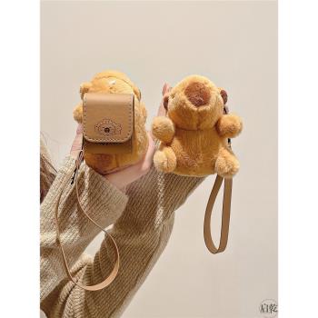 啟乾 包包立體卡皮巴拉Airpods3耳機保護殼套2pro二三代新款適用蘋果無線藍芽皮質軟殼棕色水豚美拉德秋冬女