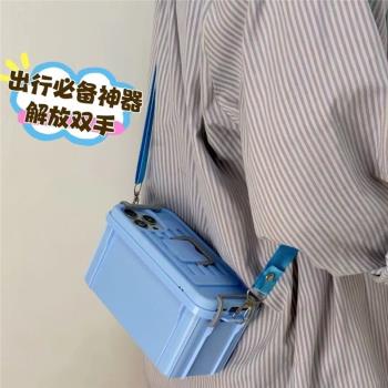個性創意馬卡龍色掛脖斜挎包包收納盒適用iPhone15promax手機殼11蘋果14pro新款12矽膠15簡約13pro趣味保護套