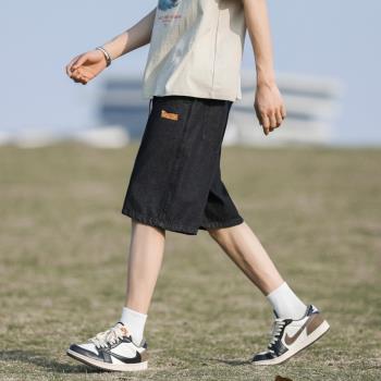 黑色牛仔短褲男款夏季寬松五分褲美式復古休閑褲男士直筒運動中褲