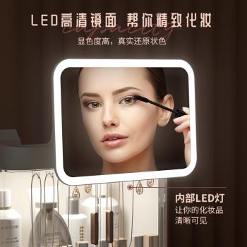 LED網紅化妝品抽屜式收納盒 桌面首飾護膚品收納架防塵LED化妝鏡