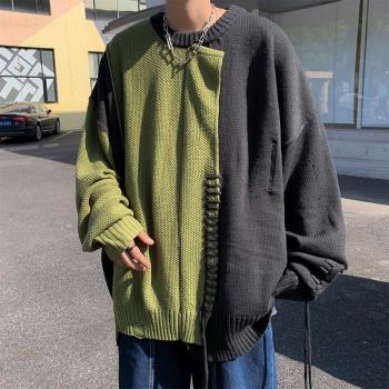 編織破洞毛衣男潮牌ins拼接設計感線衣秋冬季日系復古情侶針織衫