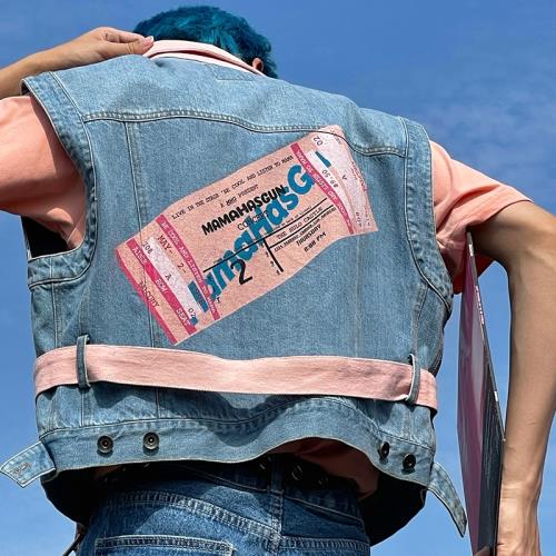 MamaHasGun加州街頭復古水洗純棉牛仔“Ticket”粉色印花撞色馬甲