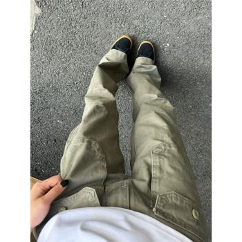 潮牌歐美炸街灰綠色顯瘦微喇褲子