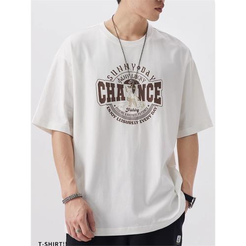 日系潮牌字母印花短袖t恤男士夏季五分袖純棉體恤寬松圓領上衣男