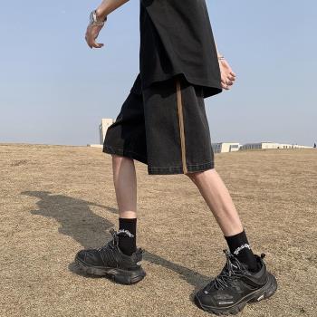 美式復古黑色牛仔短褲男夏薄款休閑五分褲痞帥高階感潮牌水洗褲子