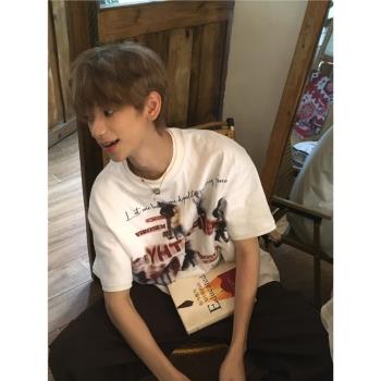 美式街頭人像重磅短袖t恤男oversize夏季嘻哈潮牌設計感小眾上衣