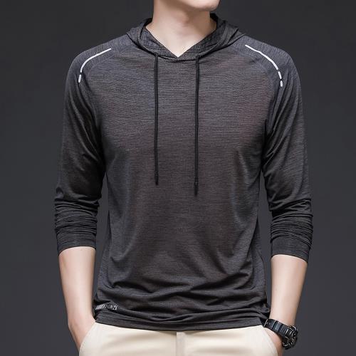 速干運動衣服男士春夏季連帽長袖T恤冰絲跑步訓練上衣帶帽秋裝彈t