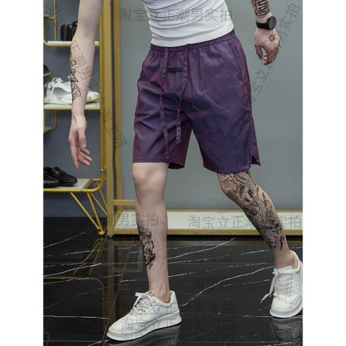 夏季薄款冰絲速干短褲男潮流鐳射五分褲外穿中褲休閑沙灘褲大褲衩