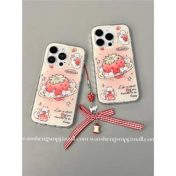 玩勝 少女心粉色油畫草莓貓咪掛墜iphone15promax蘋果14手機殼11新款15pro女12可愛13pm雙層矽膠創意防摔軟殼