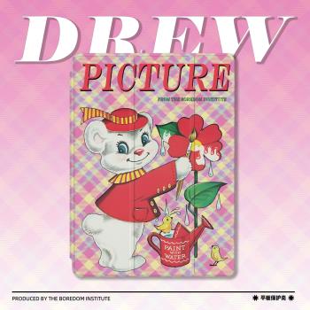 原創繪畫小熊復古格子少女可愛卡通潮流適用蘋果2022款iPadPro12.9/11三折保護殼air5/mini6防摔殼ipad10筆槽