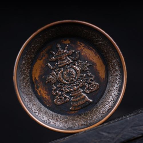 藏傳供盤藏八寶紫銅盤子擺件特色西藏八寶錘碟銅工藝