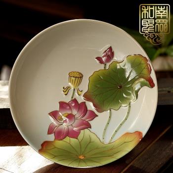 家用佛堂蓮花水果盤觀音果盆供佛盤彩繪浮雕荷花供盤果碟678寸