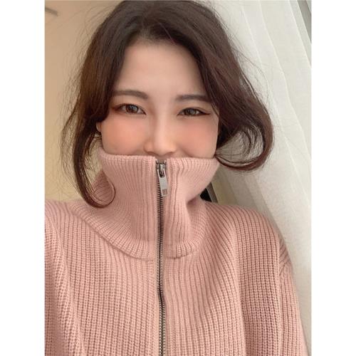 粉色毛衣女2025年新款春秋高領拉鏈小個子慵懶風針織開衫外套冬季