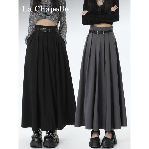 拉夏貝爾黑色西裝半身裙女秋冬2025年新款高腰a字中長款百褶裙子