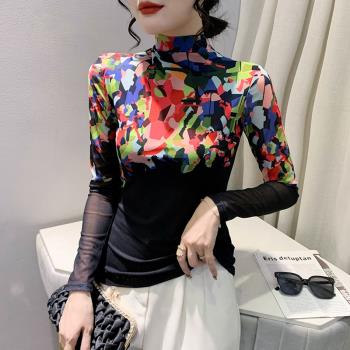 加絨加厚高領網紗打底衫女秋冬2024新款設計感印花上衣T恤女長袖