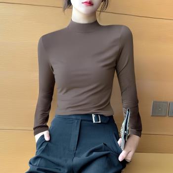 莫代爾打底衫女內搭春秋冬半高領長袖咖啡色2024新款薄款緊身上衣