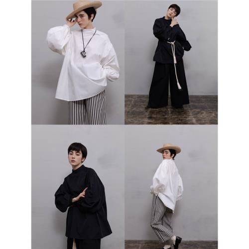 WOKERKER 日系簡約風小立領兩色泡泡袖中長款寬松襯衫上衣