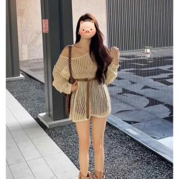 法式鏤空性感露肩針織衫女秋季2024新款寬松吊帶外搭獨特別致上衣