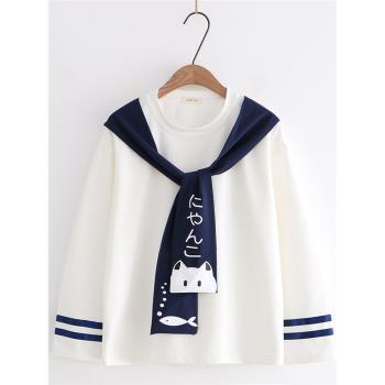 2022秋裝新款女裝 刺繡貓咪系領帶假兩件寬松長袖衛衣女學生上衣