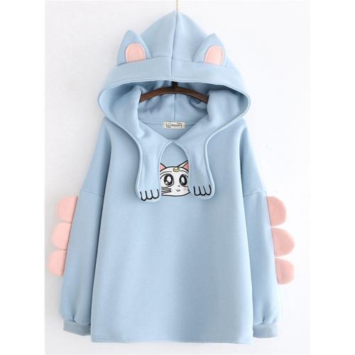 秋冬新款日系軟妹少女風童趣可愛小貓刺繡爪子連帽寬松加絨衛衣