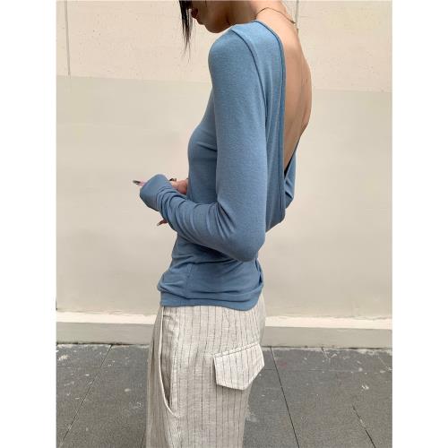 DIAMONDCOLA早秋氣質霧藍性感大V領美背顯瘦休閑時髦長袖T打底衫