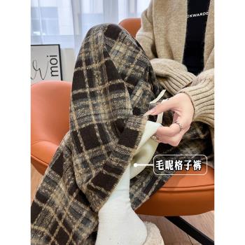 復古毛呢加絨高腰拖地窄版格子褲