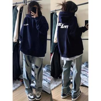 美式復古潮牌hiphop連帽衛衣女秋冬oversize寬松慵懶加絨加厚外套