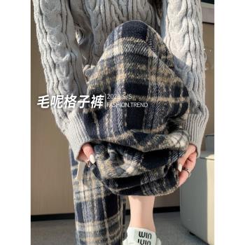 毛呢加絨高腰復古休閑顯瘦格子褲