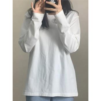 ins超火純棉T恤女春秋內搭純色長袖打底衫韓版潮學生外穿寬松上衣