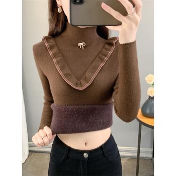 女冬半高領打底衫內搭一體絨毛衣