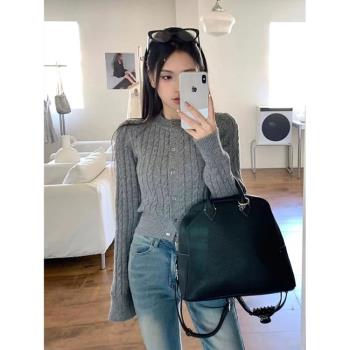 灰色麻花毛衣開衫外套女秋冬季加厚慵懶風小個子短款修身針織上衣