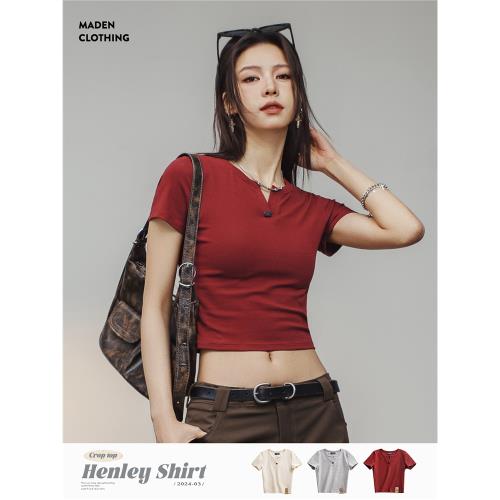 馬登美式酒紅色針織亨利V字領修身短袖正肩版型短款上衣T體恤女士