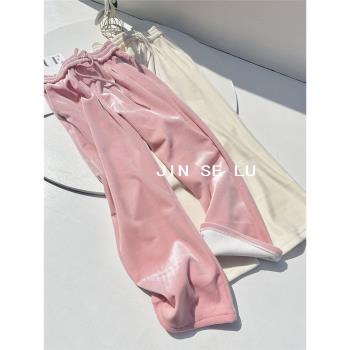 厚款加絨粉色寬松保暖綁帶闊腿褲