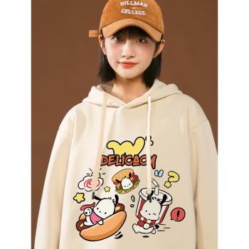 vintage美式衛衣女秋冬可愛連帽外套2023新款小個子杏色寬松加絨