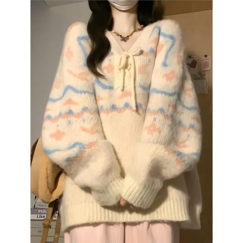 溫柔風甜美V領條紋休閑毛衣外套女春秋韓版寬松慵懶小個子針織衫