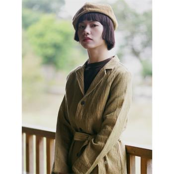 長款亞麻寬松翻領黃色排扣風衣