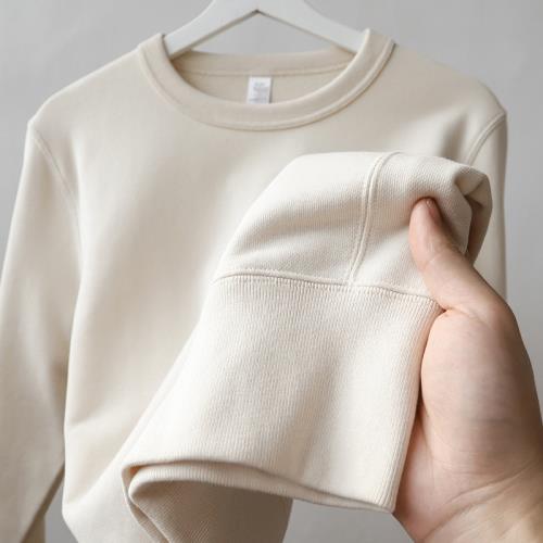 奶油白350g重磅毛圈布純色圓領衛衣女早秋韓版休閑寬松情侶款上衣