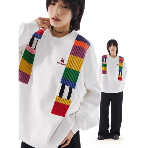 sameuoo散養文化設計感彩虹毛織拼接衛衣女秋中性風重磅圓領上衣