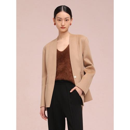 如意連云 秋冬新款無領系帶雙面羊絨大衣女寬松短款毛呢外套