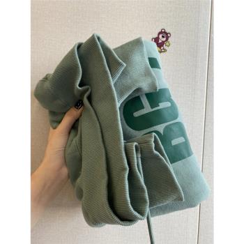 美式純棉重磅淺綠色連帽衛衣女春秋韓版字母印花外套寬松學生上衣