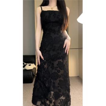 黑色性感蕾絲吊帶連衣裙2024夏季新款禮服法式透視長裙裙子初春女