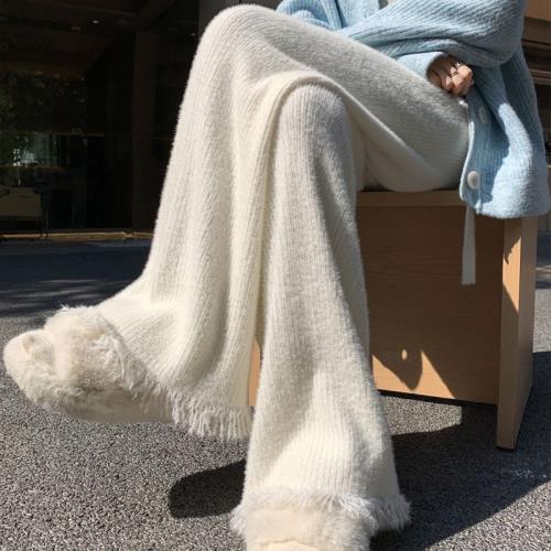 毛邊流蘇針織微喇叭褲女秋冬水貂加絨軟糯米褲垂感拖地休閑闊腿褲