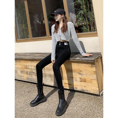 黑色春秋修身九分高腰鉛筆牛仔褲