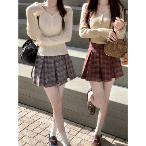 Q女家 格蕾藝高/學院風格子百褶裙女秋冬小個子高腰a字半身短裙子