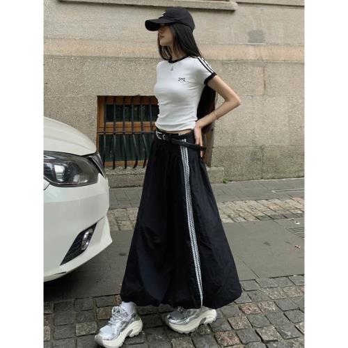 黑色花苞長裙秋季梨形身材花邊條紋半裙胖mm小個子顯瘦運動工裝裙