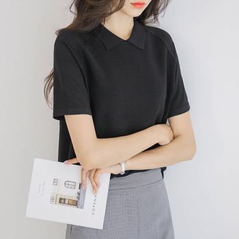 冰絲針織衫短袖T恤女2025新款夏季寬松薄款polo領翻領上衣打底衫