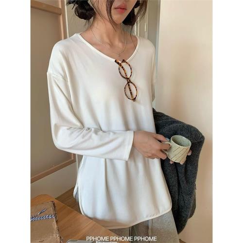 PPHOME自制~白色T恤 秋冬百搭寬松圓領V領內搭T恤磨毛打底上衣女