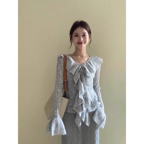 溫柔風氣質荷葉邊高腰針織衫女秋小個子短款時尚毛衣開衫裙子套裝