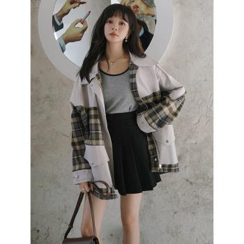 拼接格子風衣外套女小個子春秋2024年新款春裝別致設計感氣質大衣