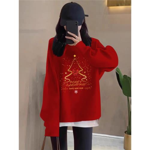 紅色本命年圓領假兩件衛衣女秋冬2025新款圣誕節加絨加厚減齡外套